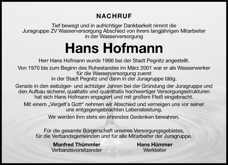  Traueranzeige für Hans Hofmann vom 08.04.2017 aus Nordbayerischer Kurier