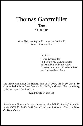 Anzeige von Thomas Ganzmüller von Nordbayerischer Kurier