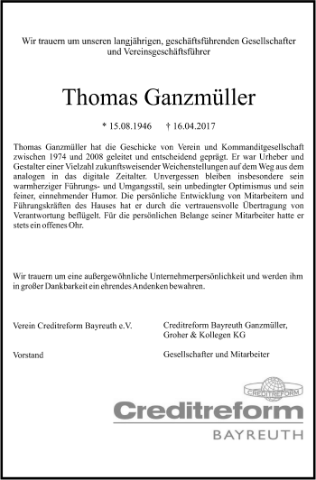 Anzeige von Thomas Ganzmüller von Nordbayerischer Kurier