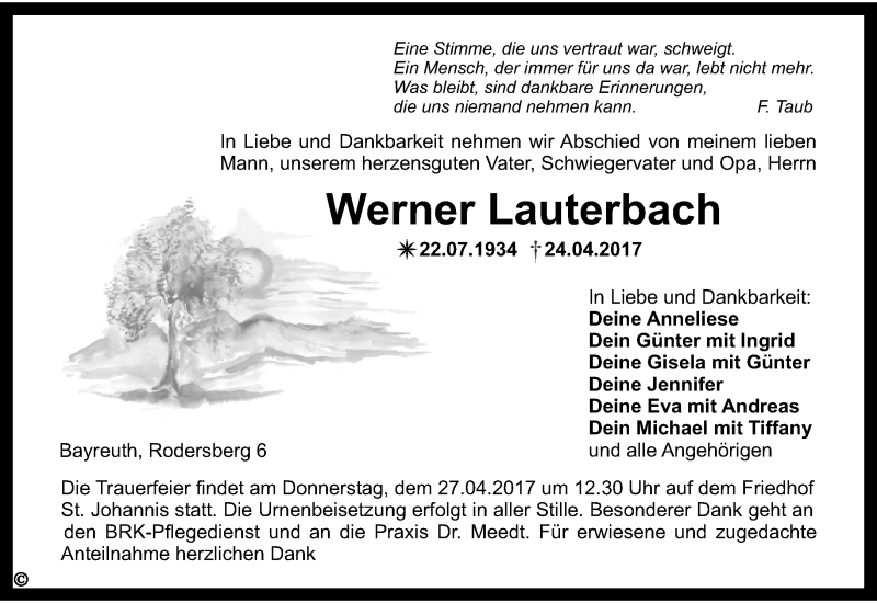 Traueranzeige für Werner Lauterbach vom 26.04.2017 aus Nordbayerischer Kurier