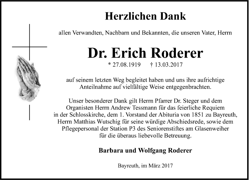  Traueranzeige für Erich Roderer vom 01.04.2017 aus Nordbayerischer Kurier