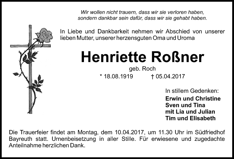  Traueranzeige für Henriette Roßner vom 06.04.2017 aus Nordbayerischer Kurier