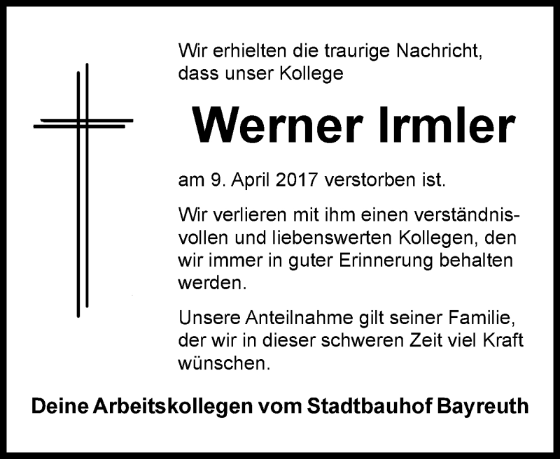  Traueranzeige für Werner Irmler vom 13.04.2017 aus Nordbayerischer Kurier