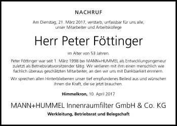 Anzeige von Peter Föttinger von Nordbayerischer Kurier