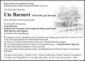 Anzeige von Ute Barnert von Nordbayerischer Kurier