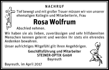 Anzeige von Rosa Wolfrum von Nordbayerischer Kurier
