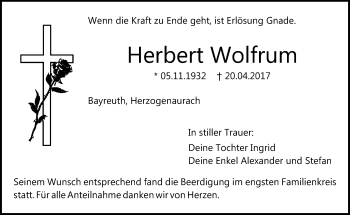 Anzeige von Herbert Wolfrum von Nordbayerischer Kurier