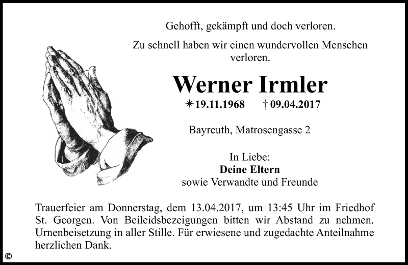  Traueranzeige für Werner Irmler vom 11.04.2017 aus Nordbayerischer Kurier