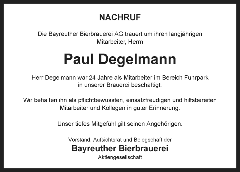  Traueranzeige für Paul Degelmann vom 11.04.2017 aus Nordbayerischer Kurier