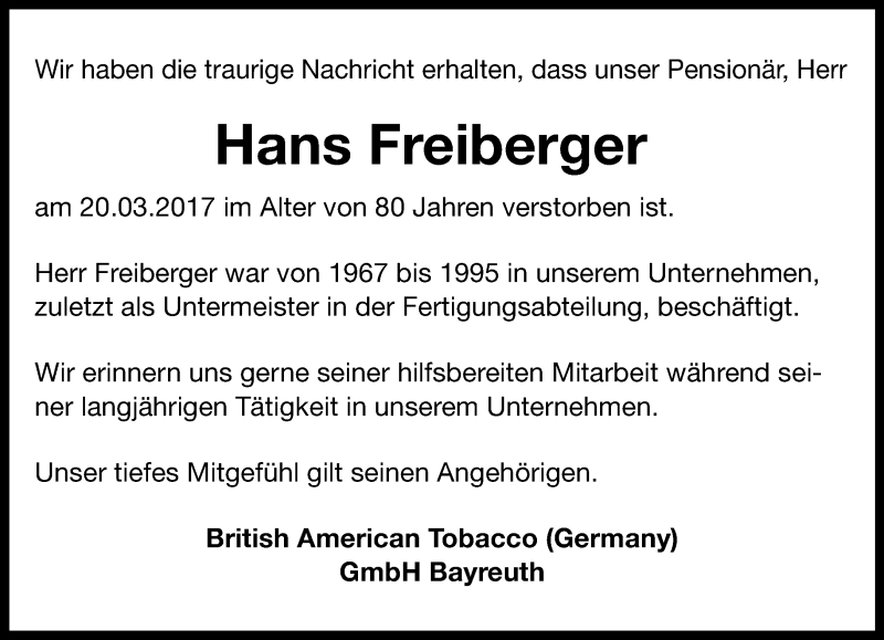  Traueranzeige für Hans Freiberger vom 01.04.2017 aus Nordbayerischer Kurier