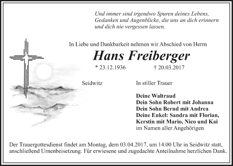  Traueranzeige für Hans Freiberger vom 01.04.2017 aus Nordbayerischer Kurier