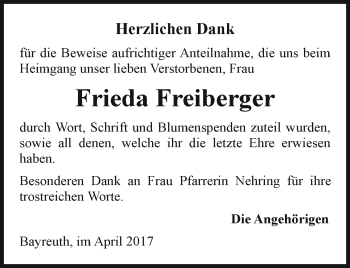 Anzeige von Frieda Freiberger von Nordbayerischer Kurier