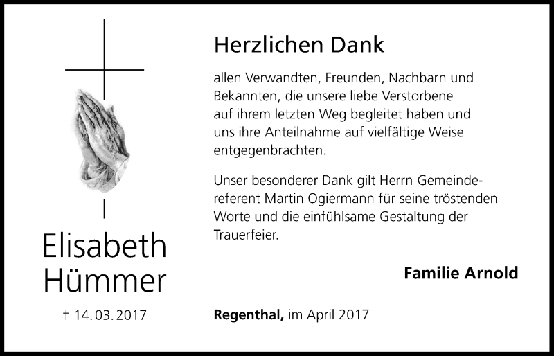  Traueranzeige für Elisabeth Hümmer vom 08.04.2017 aus Nordbayerischer Kurier