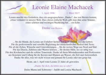 Anzeige von Leonie Elaine Machacek von Nordbayerischer Kurier
