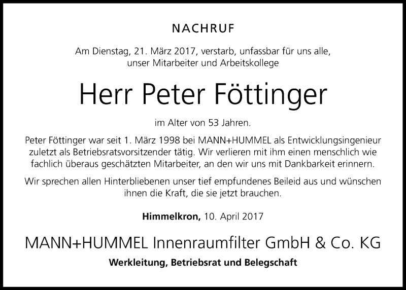  Traueranzeige für Peter Föttinger vom 11.04.2017 aus Nordbayerischer Kurier