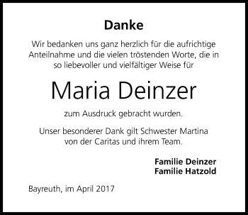Anzeige von Maria Deinzer von Nordbayerischer Kurier