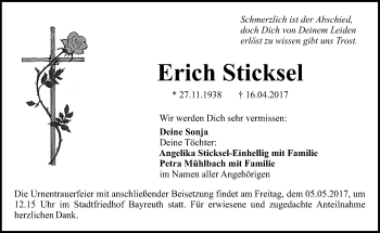 Anzeige von Erich Sticksel von Nordbayerischer Kurier