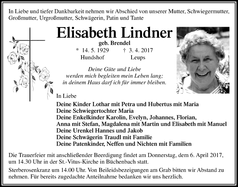  Traueranzeige für Elisabeth Lindner vom 05.04.2017 aus Nordbayerischer Kurier