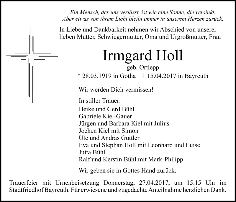 Traueranzeige für Irmgard Holl vom 25.04.2017 aus Nordbayerischer Kurier