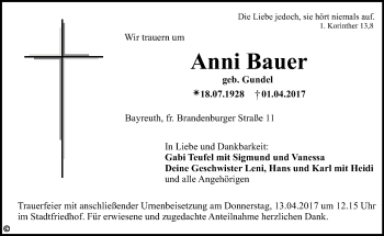 Anzeige von Anni Bauer von Nordbayerischer Kurier