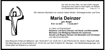 Anzeige von Maria Deinzer von Nordbayerischer Kurier