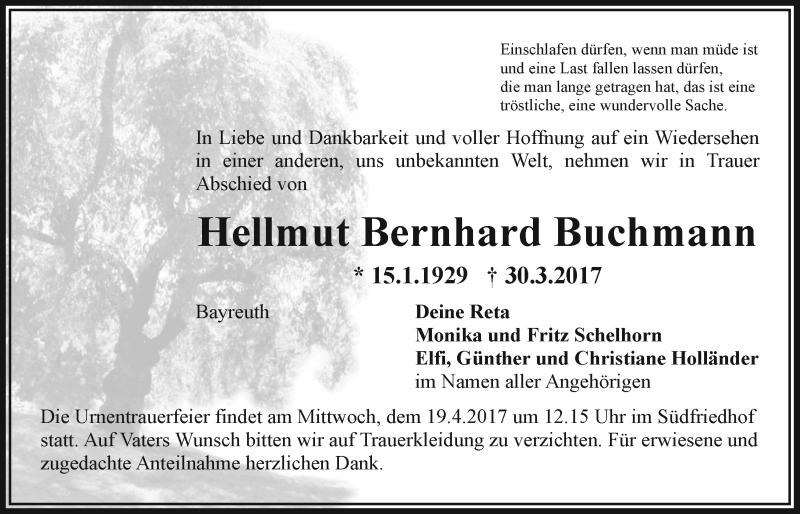  Traueranzeige für Hellmut Bernhard Buchmann vom 15.04.2017 aus Nordbayerischer Kurier