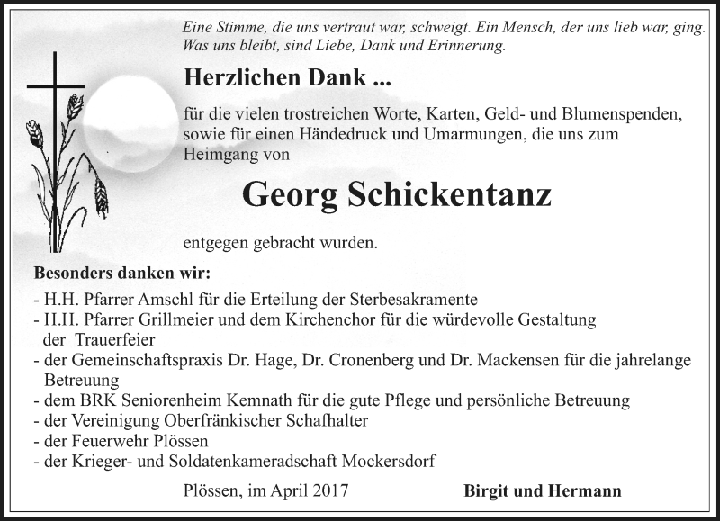 Traueranzeige für Georg Schickentanz vom 08.04.2017 aus Nordbayerischer Kurier