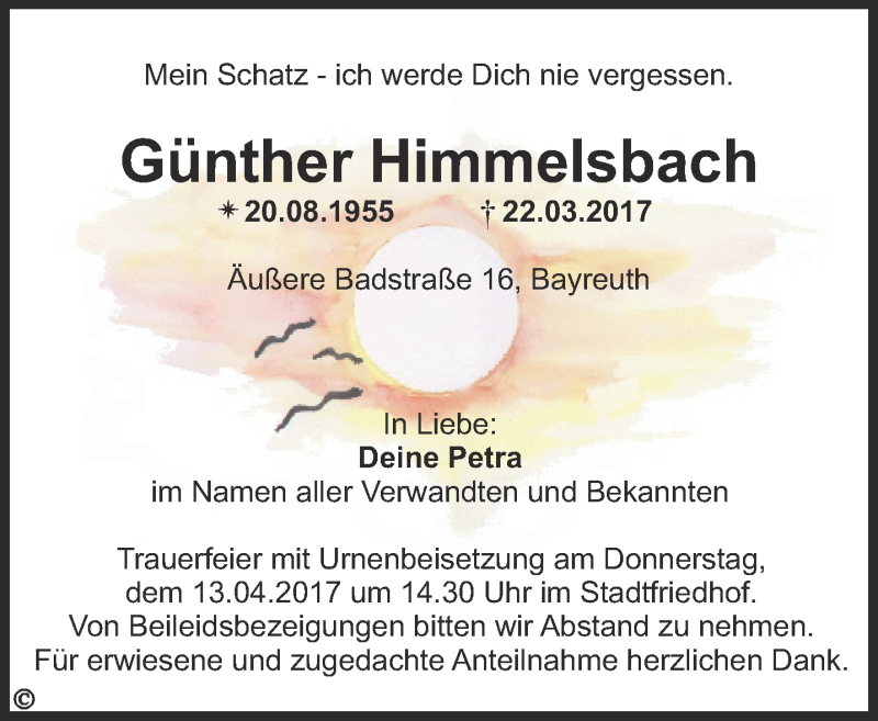  Traueranzeige für Günther Himmelsbach vom 08.04.2017 aus Nordbayerischer Kurier