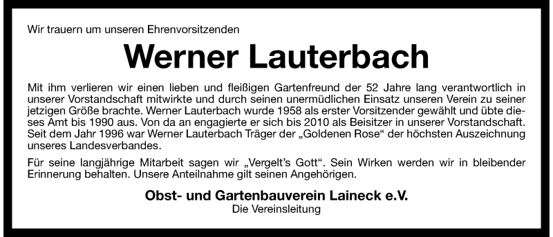  Traueranzeige für Werner Lauterbach vom 26.04.2017 aus Nordbayerischer Kurier