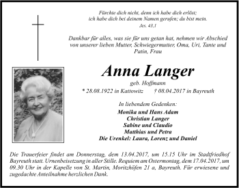 Anzeige von Anna Langer von Nordbayerischer Kurier