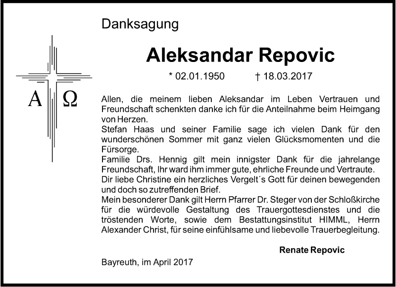  Traueranzeige für Aleksandar Repovic vom 08.04.2017 aus Nordbayerischer Kurier