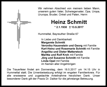 Anzeige von Heinz Schmitt von Nordbayerischer Kurier