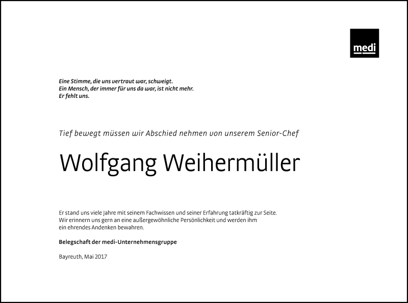  Traueranzeige für Wolfgang Weihermüller vom 13.05.2017 aus Nordbayerischer Kurier