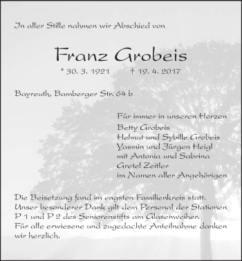 Anzeige von Franz Grobeis von Nordbayerischer Kurier