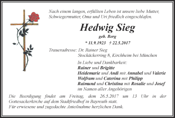 Anzeige von Hedwig Sieg von Nordbayerischer Kurier