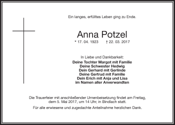 Anzeige von Anna Potzel von Nordbayerischer Kurier