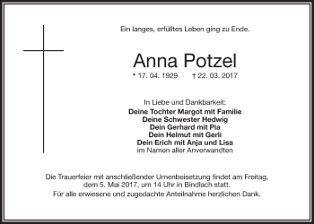 Anzeige von Anna Potzel von Nordbayerischer Kurier