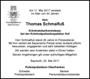 Anzeige von Thomas Schmalfuß von Nordbayerischer Kurier