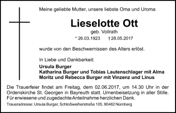Anzeige von Lieselotte Ott von Nordbayerischer Kurier