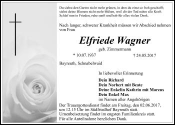Anzeige von Elfriede Wagner von Nordbayerischer Kurier