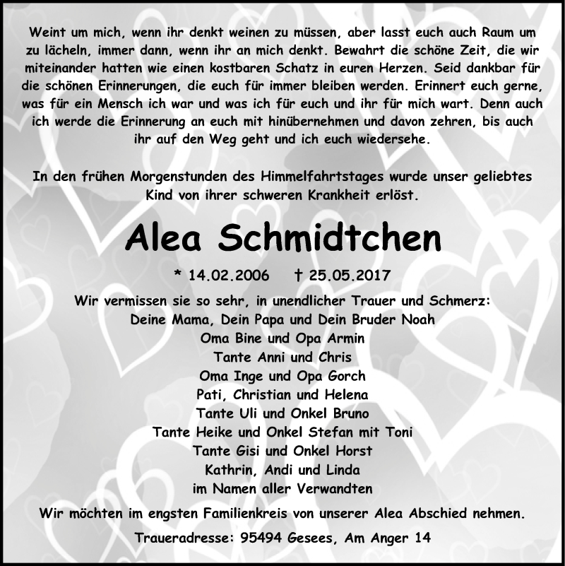  Traueranzeige für Alea Schmidtchen vom 30.05.2017 aus Nordbayerischer Kurier