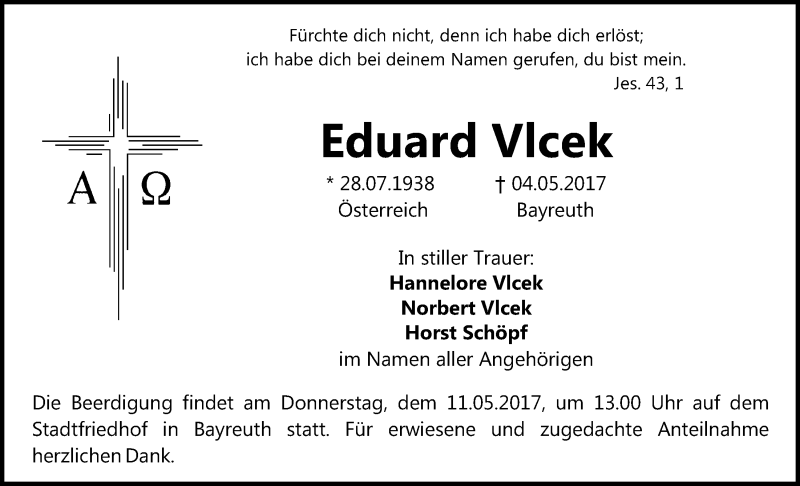  Traueranzeige für Eduard Vlcek vom 09.05.2017 aus Nordbayerischer Kurier