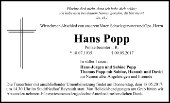 Anzeige von Hans Popp von Nordbayerischer Kurier