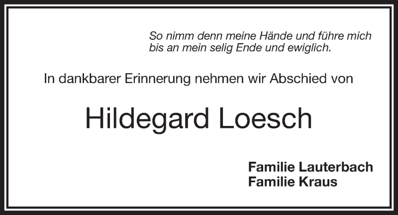  Traueranzeige für Hildegard Loesch vom 05.05.2017 aus Nordbayerischer Kurier