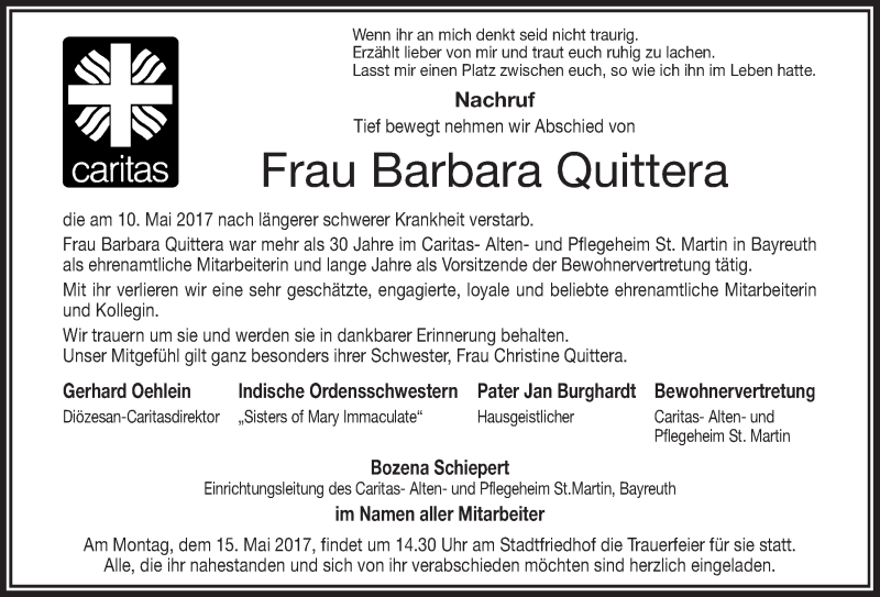  Traueranzeige für Barbara Quittera vom 13.05.2017 aus Nordbayerischer Kurier