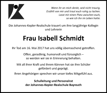 Anzeige von Isabell Schmidt von Nordbayerischer Kurier