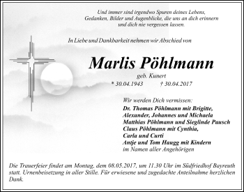 Anzeige von Marlis Pöhlmann von Nordbayerischer Kurier