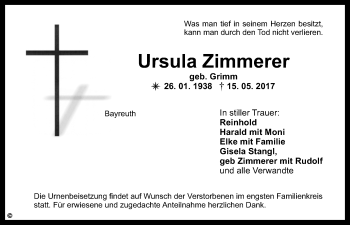 Anzeige von Ursula Zimmerer von Nordbayerischer Kurier