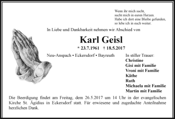Anzeige von Karl Geisl von Nordbayerischer Kurier