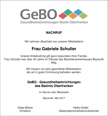 Anzeige von Gabriele Schuller von Nordbayerischer Kurier